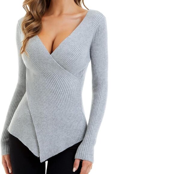 Women's V-Neck Sweater Knit Wrap Slim Fit Pullover Top Grey Medium - Picture 1 of 3